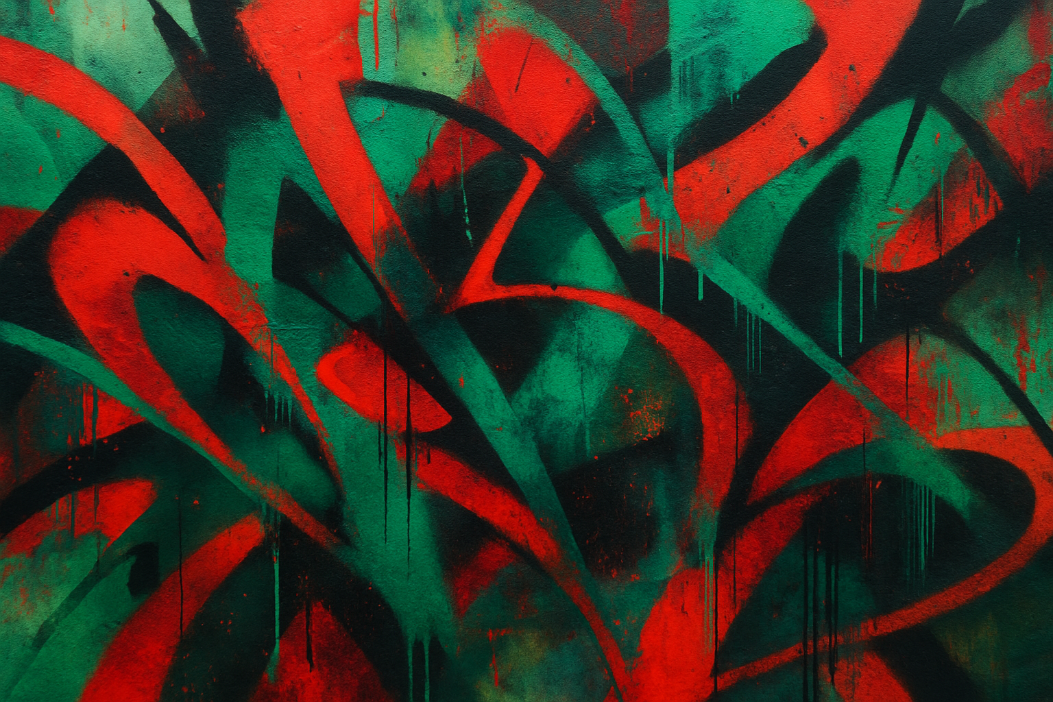 grafitti wall with red, green and darker colours, abstract and vibrant